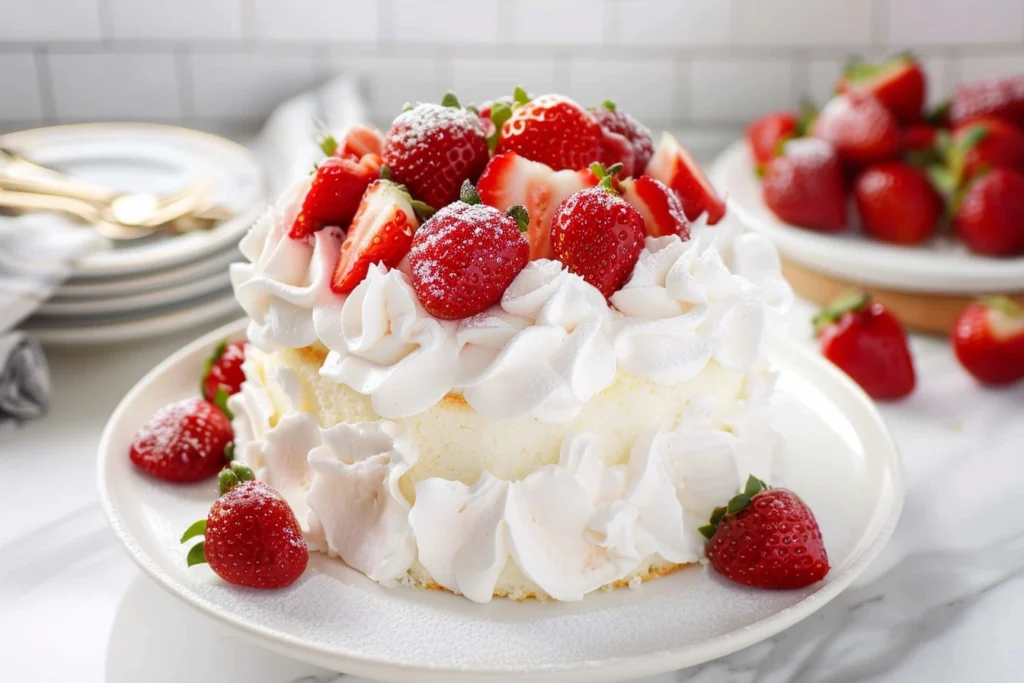 Naturally sweet Strawberry Angel Food Cake on a plate.