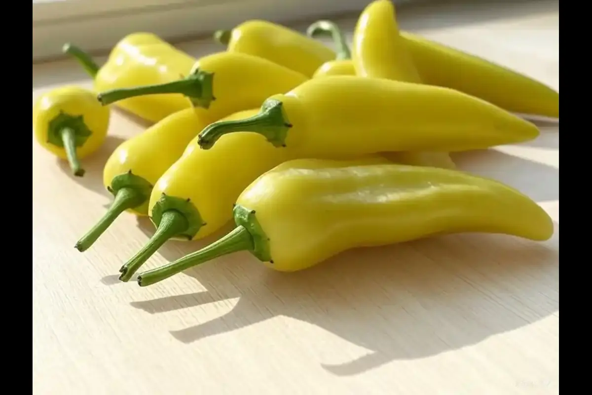 A group of fresh banana peppers on a wooden surface.