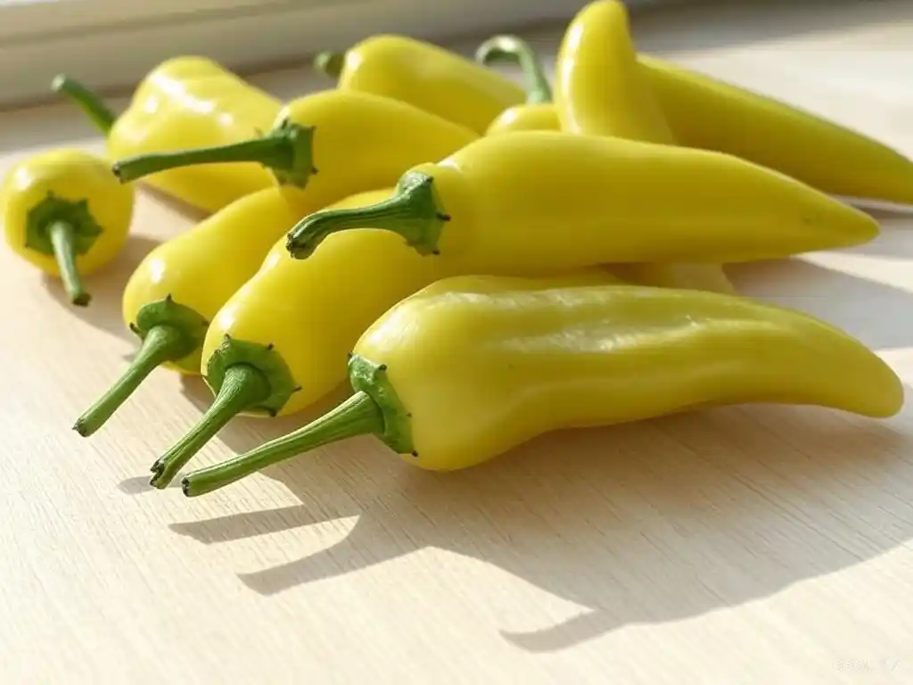 A group of fresh banana peppers on a wooden surface.