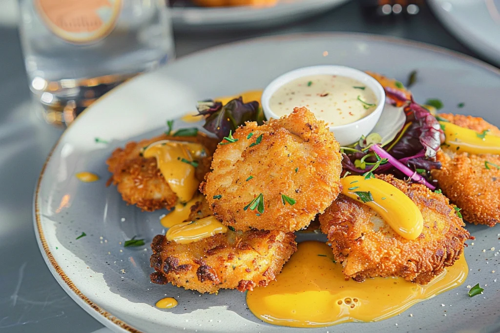 Crispy Chicken Fritters served with a dipping sauce.