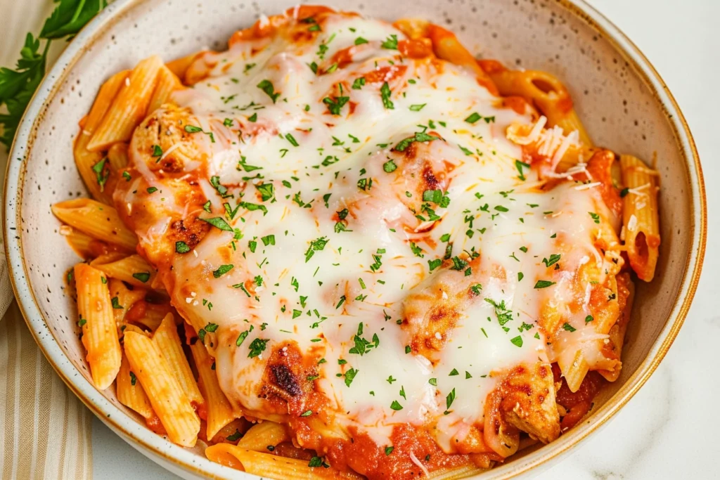 Chicken parmesan pasta close-up with melted cheese.