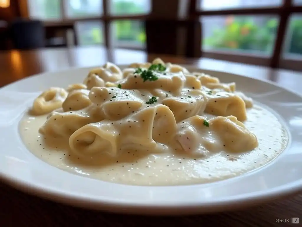 Chicken tortellini Alfredo served in a creamy sauce with parsley garnish.