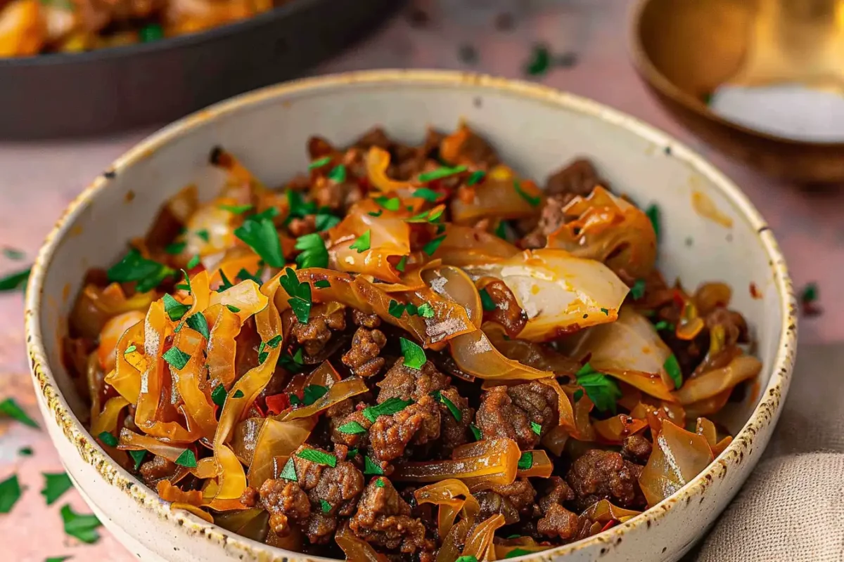 Ground beef and cabbage stir-fry in a skillet with seasonings.