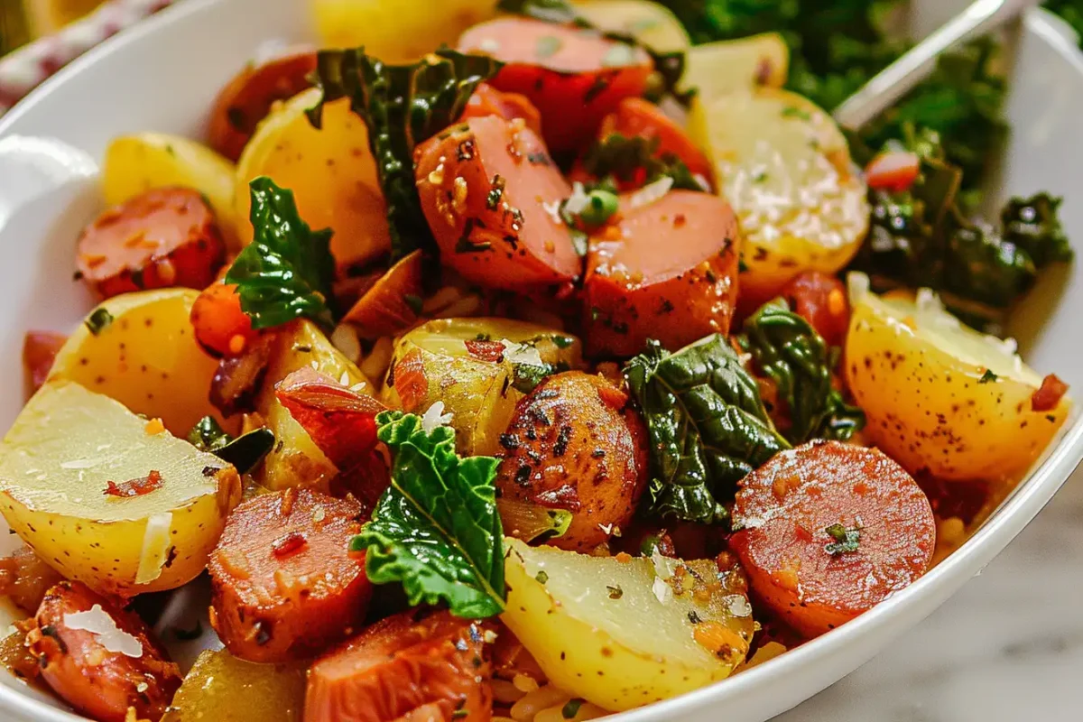 Kielbasa and Potatoes on a baking sheet.