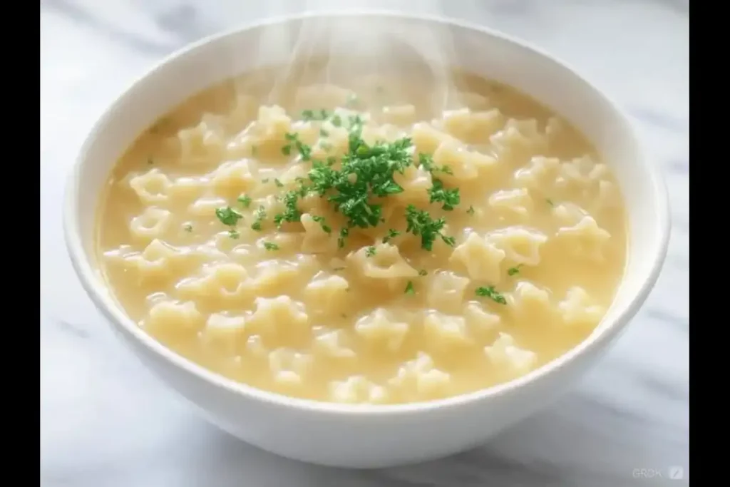 Bowl of warm pastina soup with small star pasta.