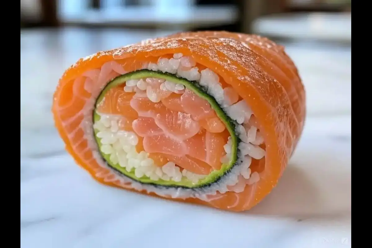 Delicious salmon roll with rice and fillings