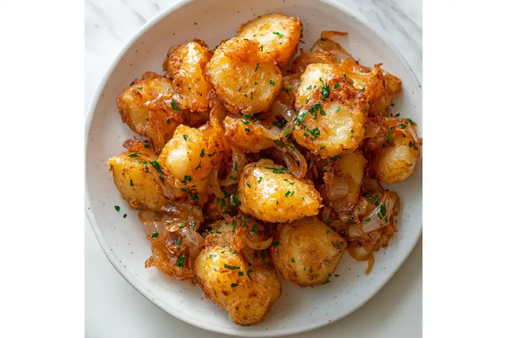 A beautifully arranged plate of golden-brown fried potatoes and sautéed onions, glistening with a hint of oil, sits atop a white marble countertop. The potatoes have a crispy exterior and a soft, fluffy interior, while the onions are lightly caramelized to a rich amber color. The natural light, streaming in from a nearby window, casts soft shadows and highlights the texture and sheen of the dish. The simplicity of the light-colored wood background enhances the focus on the food, adding a rustic and inviting feel. This bright, airy image captures the warmth and comfort of the dish, making it look both homely and delicious