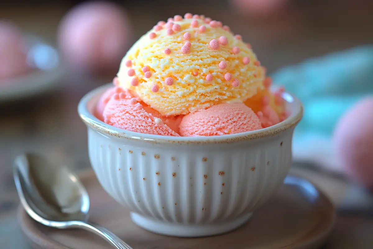 Orange sherbet served in a glass bowl.