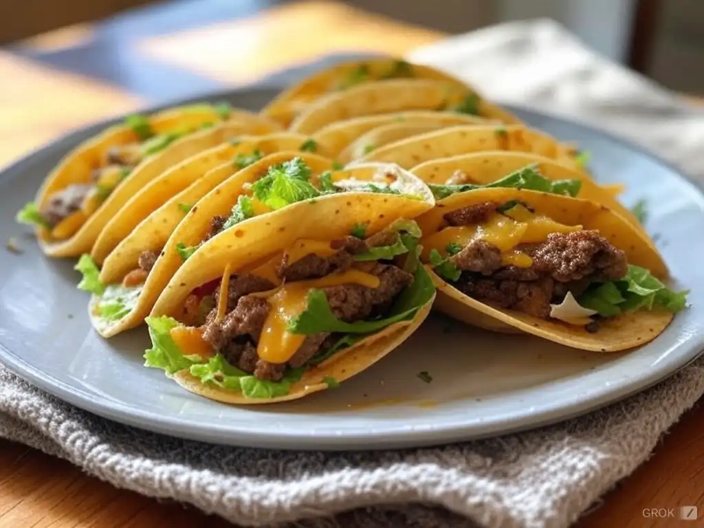 Baked tacos in a casserole dish, topped with melted cheese and garnished with cilantro.