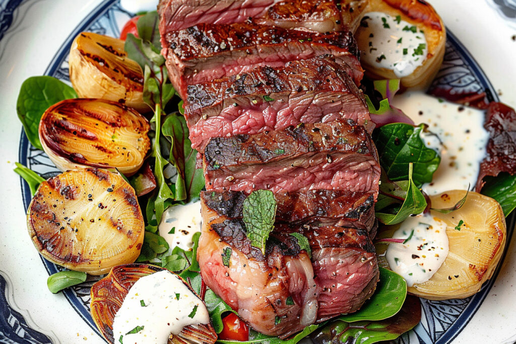 Blue Steak cooked rare, served on a rustic plate with fresh herbs.