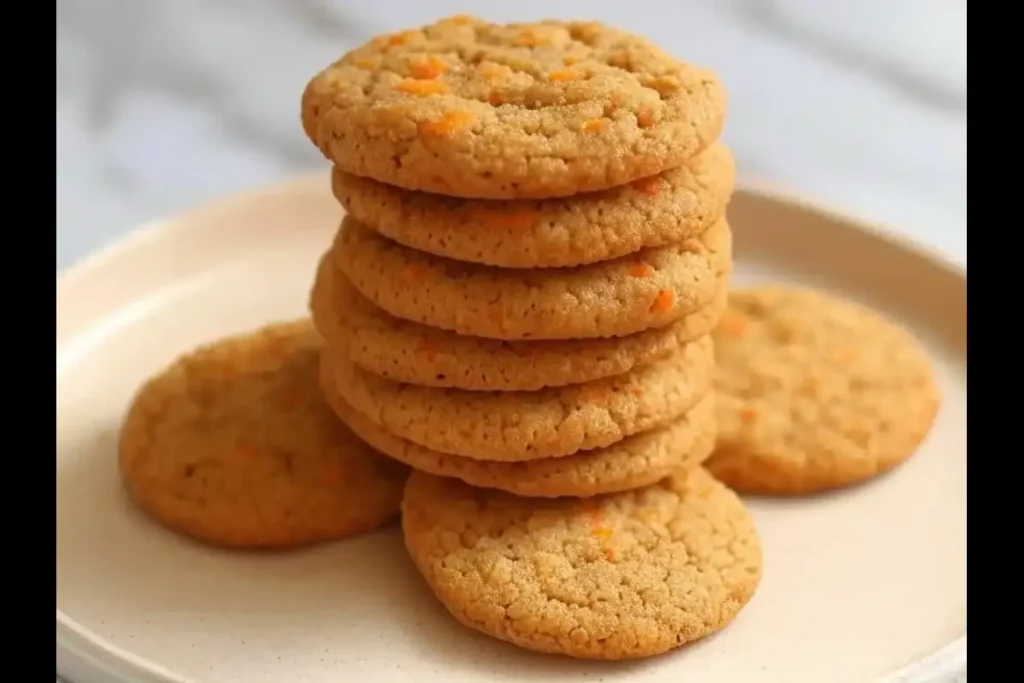 Delicious carrot cake cookies stacked on a plate.