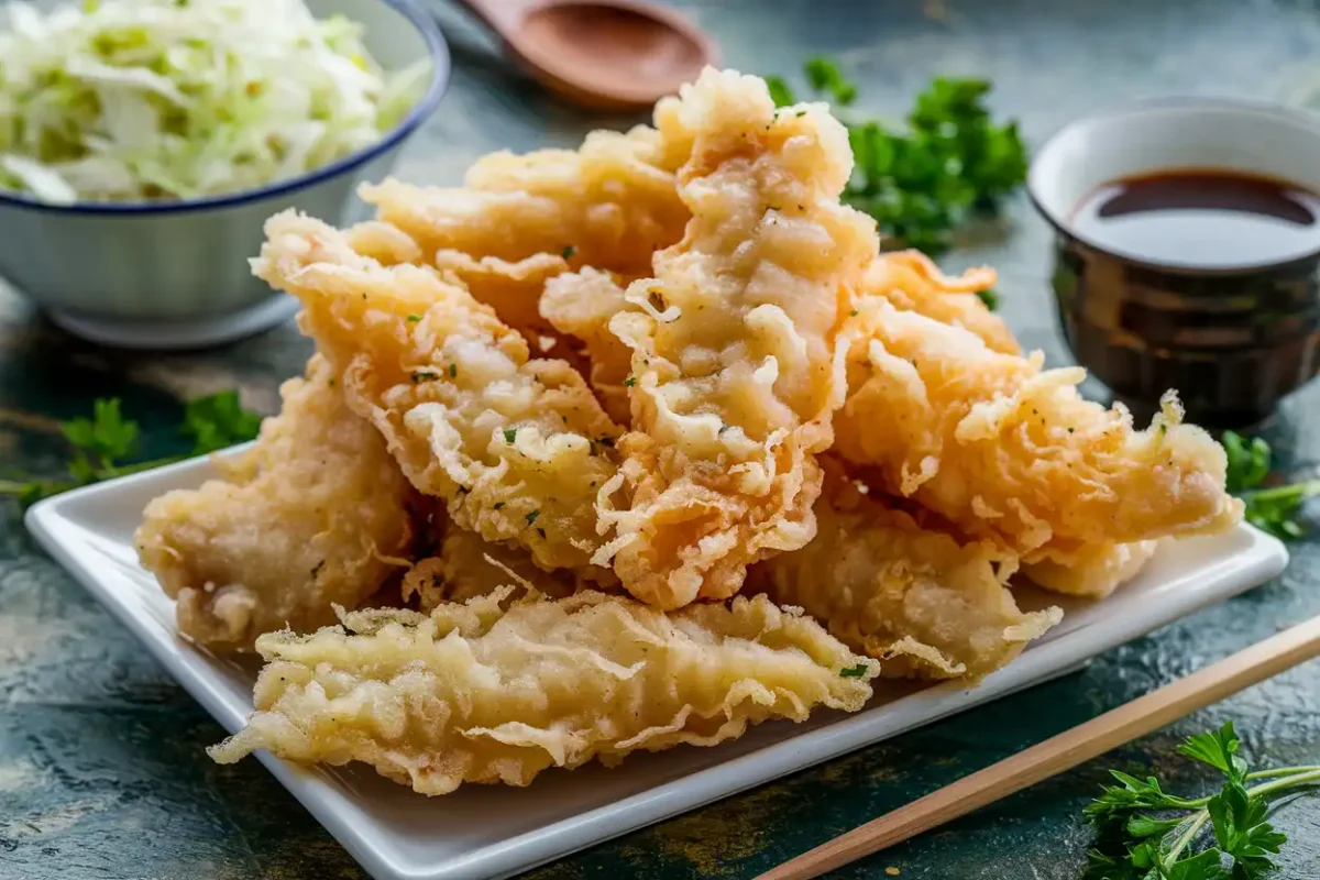 Crispy and delicious chicken tempura pieces.