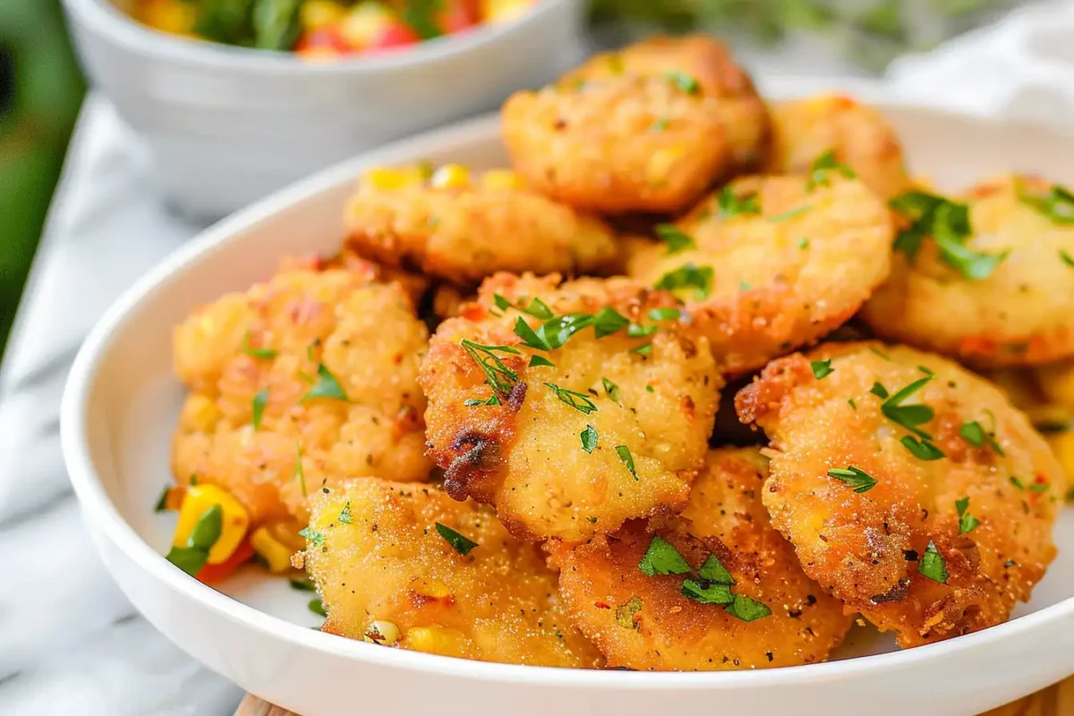 Corn nuggets pieces served on a plate.