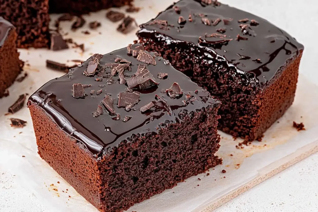 A rich, moist Dr Pepper cake with a glossy chocolate glaze cascading down its sides sits on a light-colored wooden surface. The cake’s deep brown color hints at its soda-infused richness, with a few slices cut to reveal the dense, tender crumb inside. Natural light pours in from a nearby window, casting soft highlights on the glaze and gentle shadows that emphasize the texture. The simple white marble background keeps the focus on the cake, enhancing its decadent, homemade appeal. The airy lighting adds a sense of warmth and freshness, making the dessert look inviting and indulgent