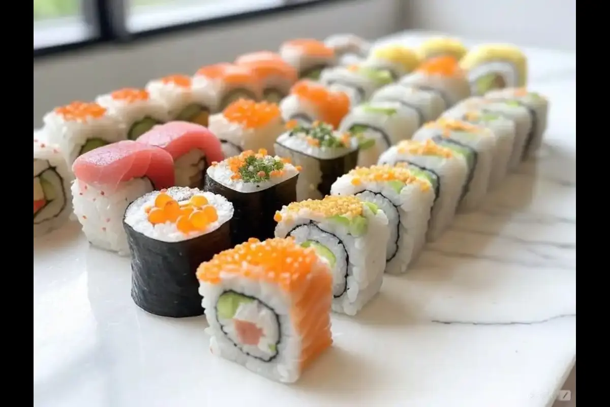 A beautiful plate of fancy sushi with various rolls and toppings.