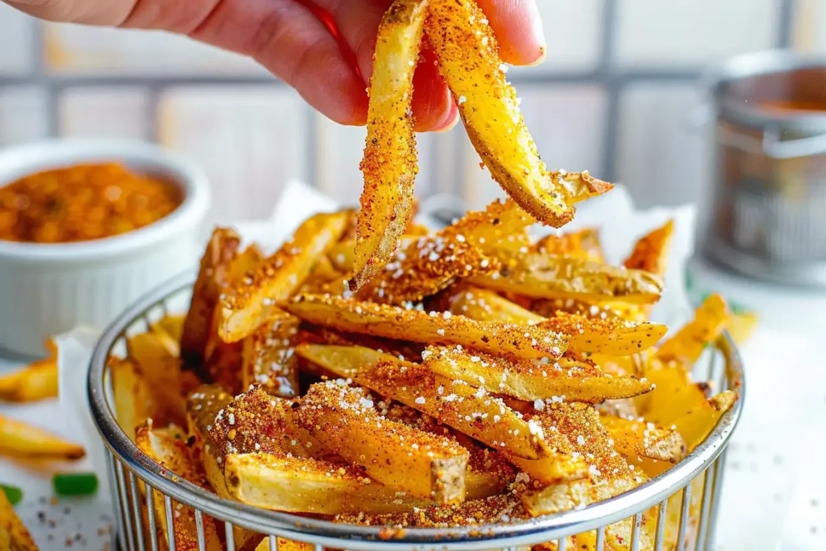 Golden French fries dusted with seasoning and served with dipping sauces.