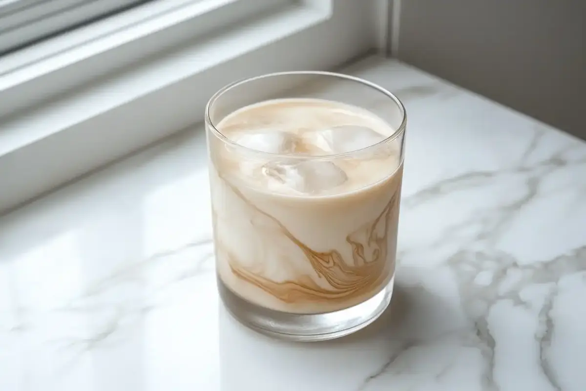 A steaming cup of Hokkaido Milk Tea in a ceramic mug, with frothy milk on top and a sprinkle of brown sugar, served alongside loose black tea leaves.