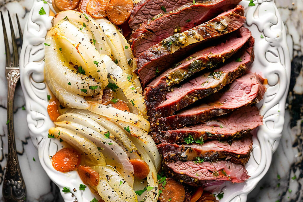 Instant Pot Corned Beef sliced and served with cabbage and potatoes.