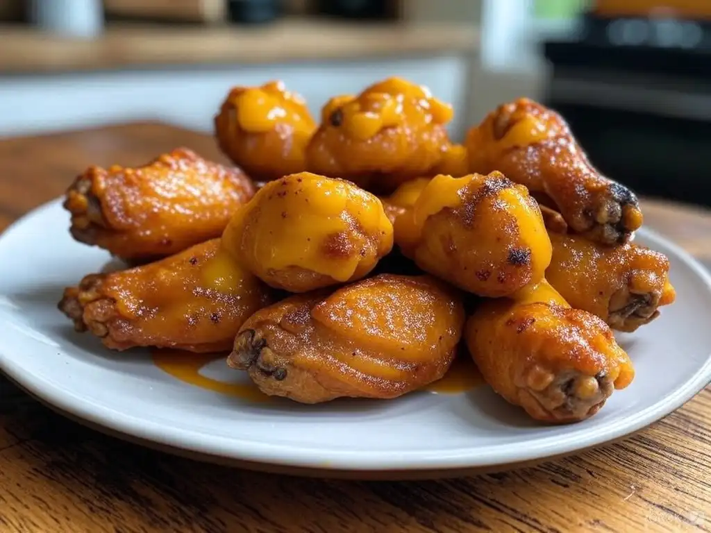 Mango habanero wings glazed with a shiny sauce and garnished with cilantro.