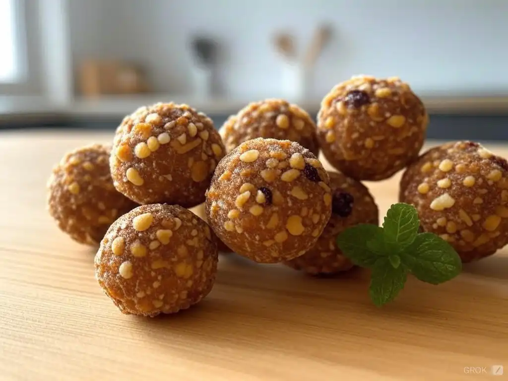 No Bake Monster Cookie Energy Balls with oats, peanut butter, and chocolate chips on a plate.