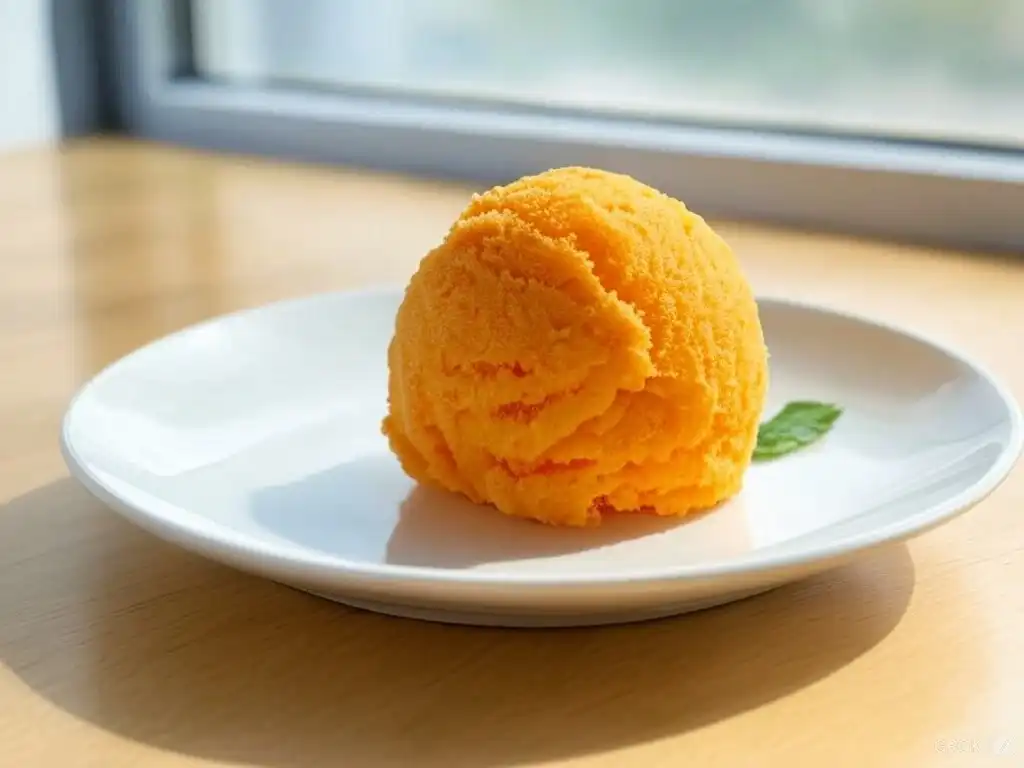 Orange sherbet served in a glass bowl.