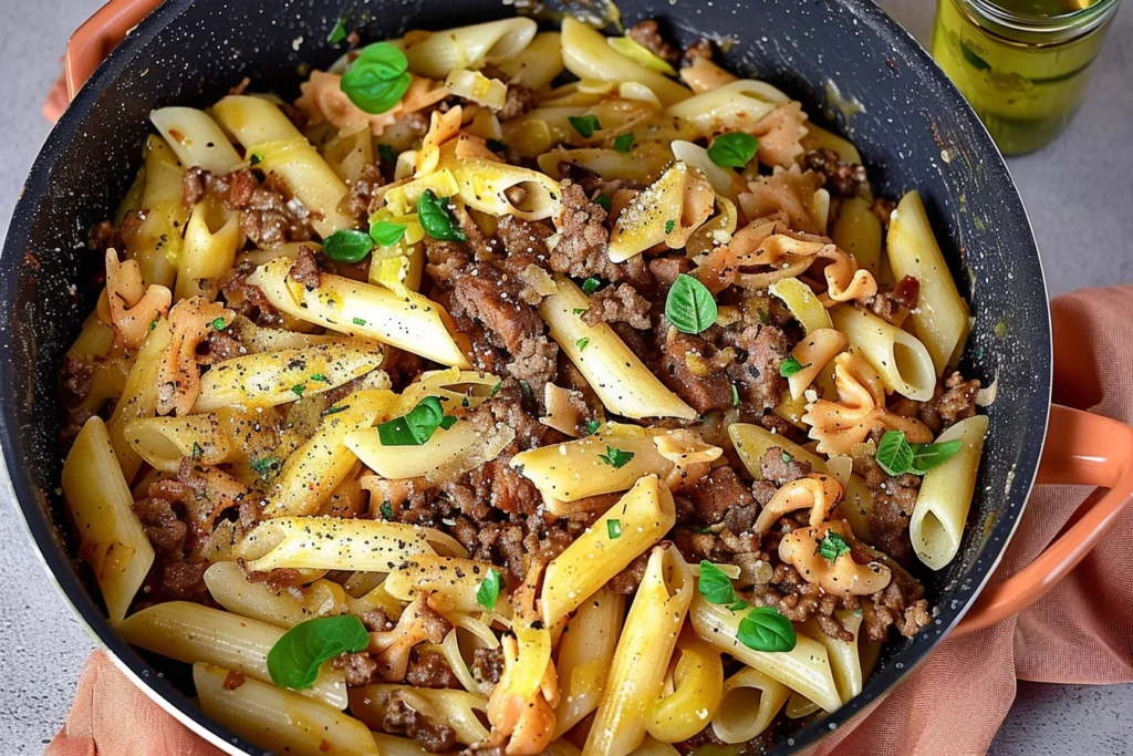 Philly Cheesesteak Pasta with creamy cheese sauce, steak slices, and bell peppers.