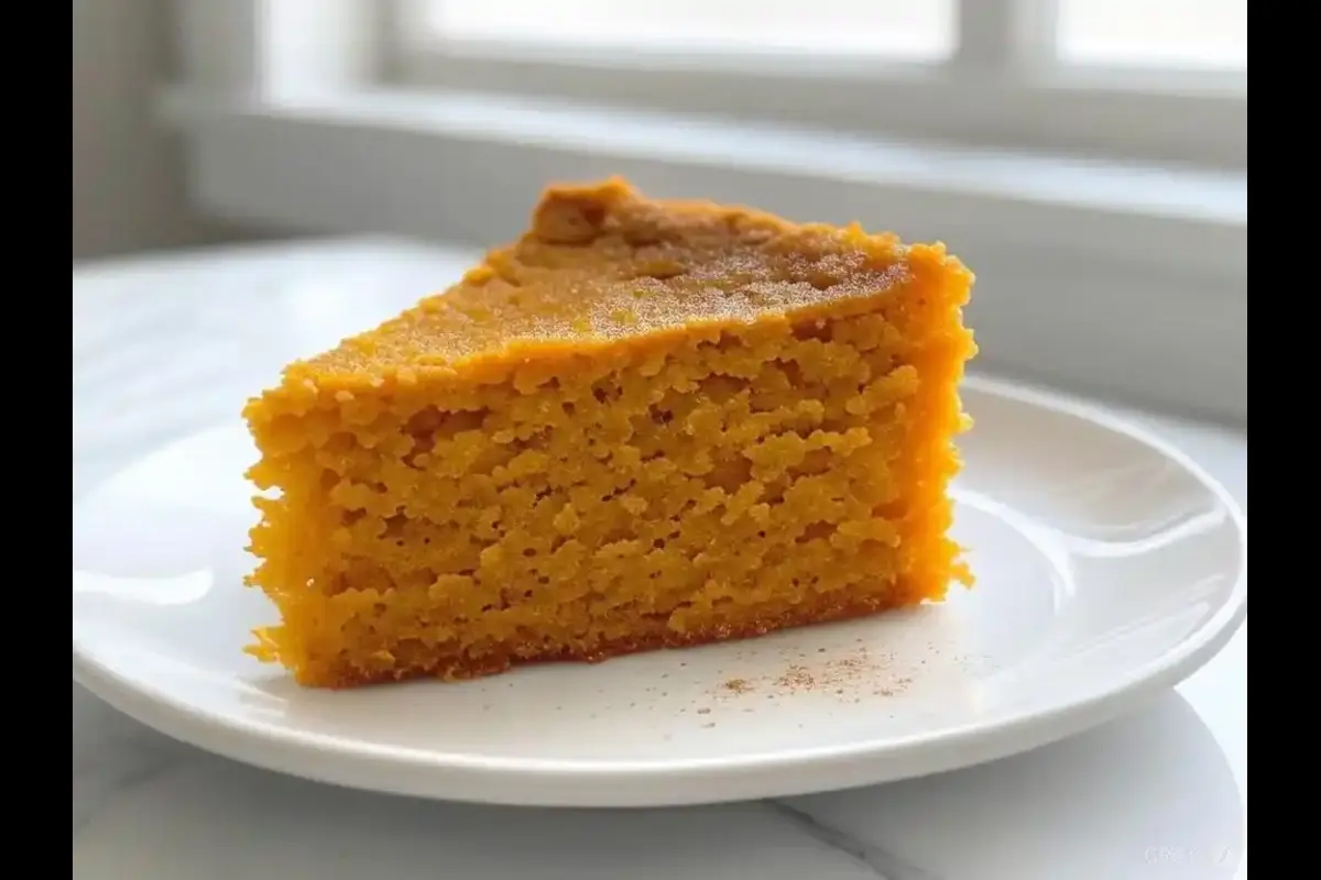 Close-up shot of a slice of pumpkin dump cake on a plate.