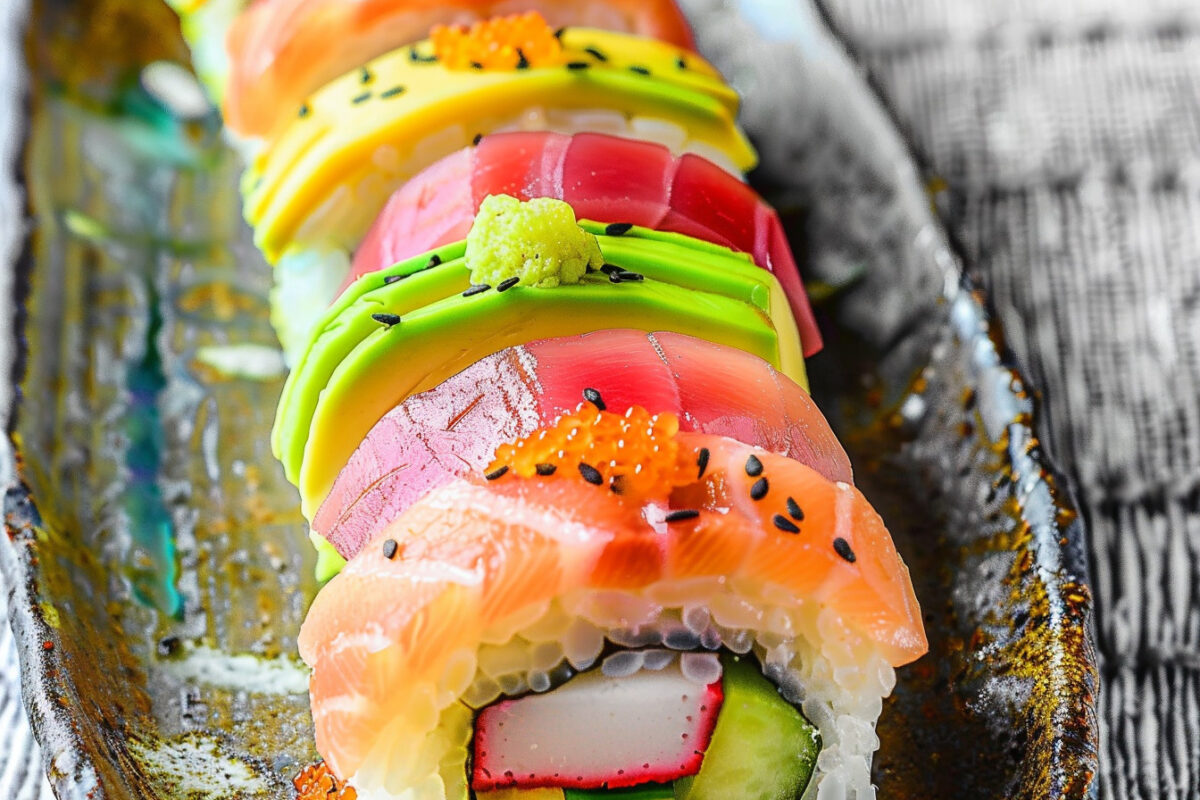 Rainbow Roll Sushi with vibrant fish toppings and fresh ingredients.