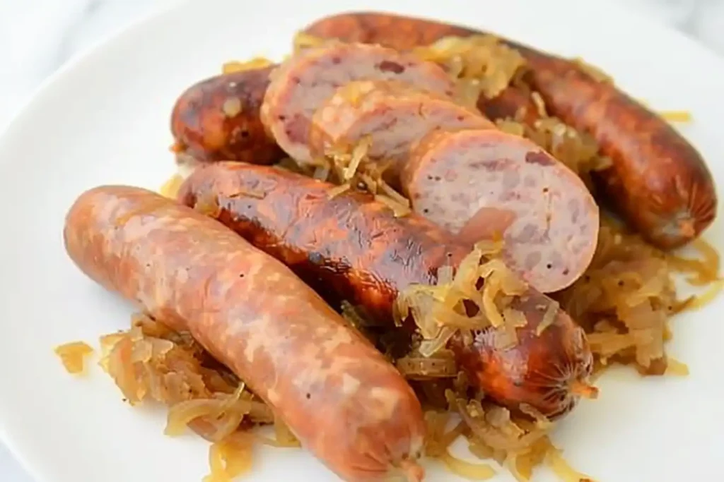 Kielbasa and sauerkraut served on a plate.