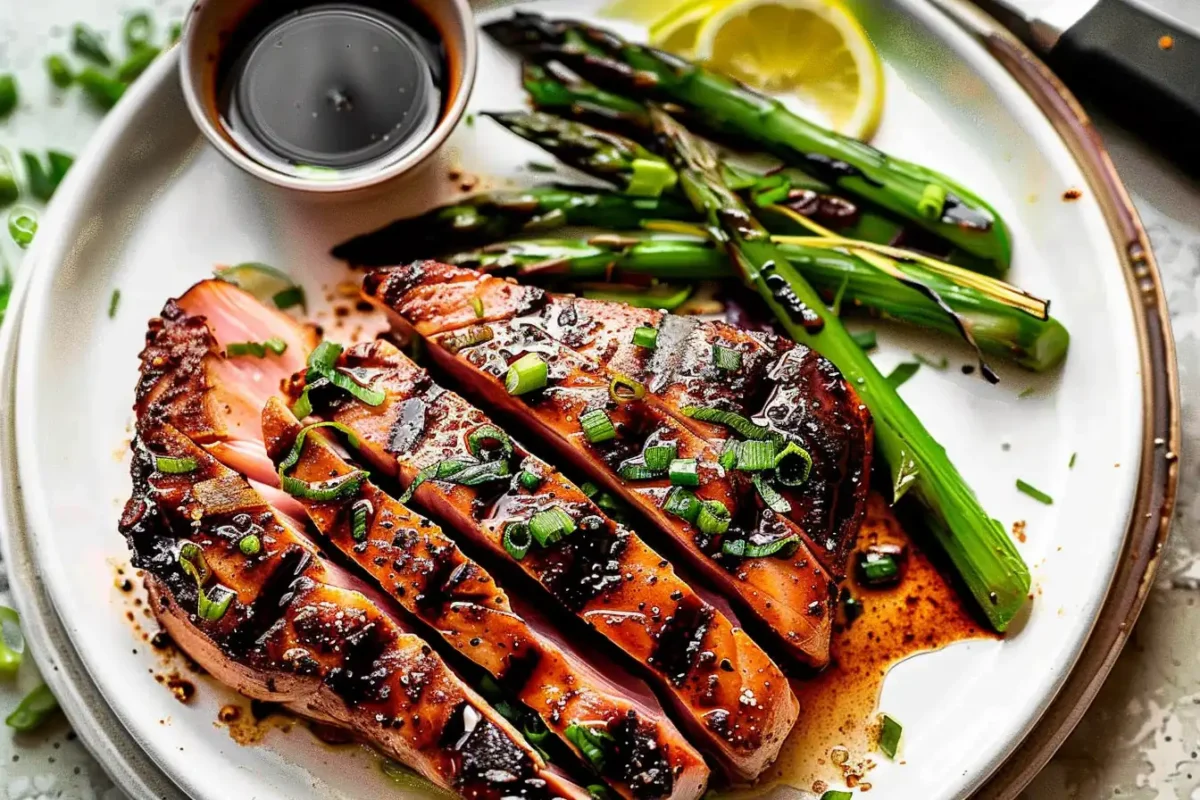 Seared tuna steak marinated in soy sauce and garnished with sesame seeds.