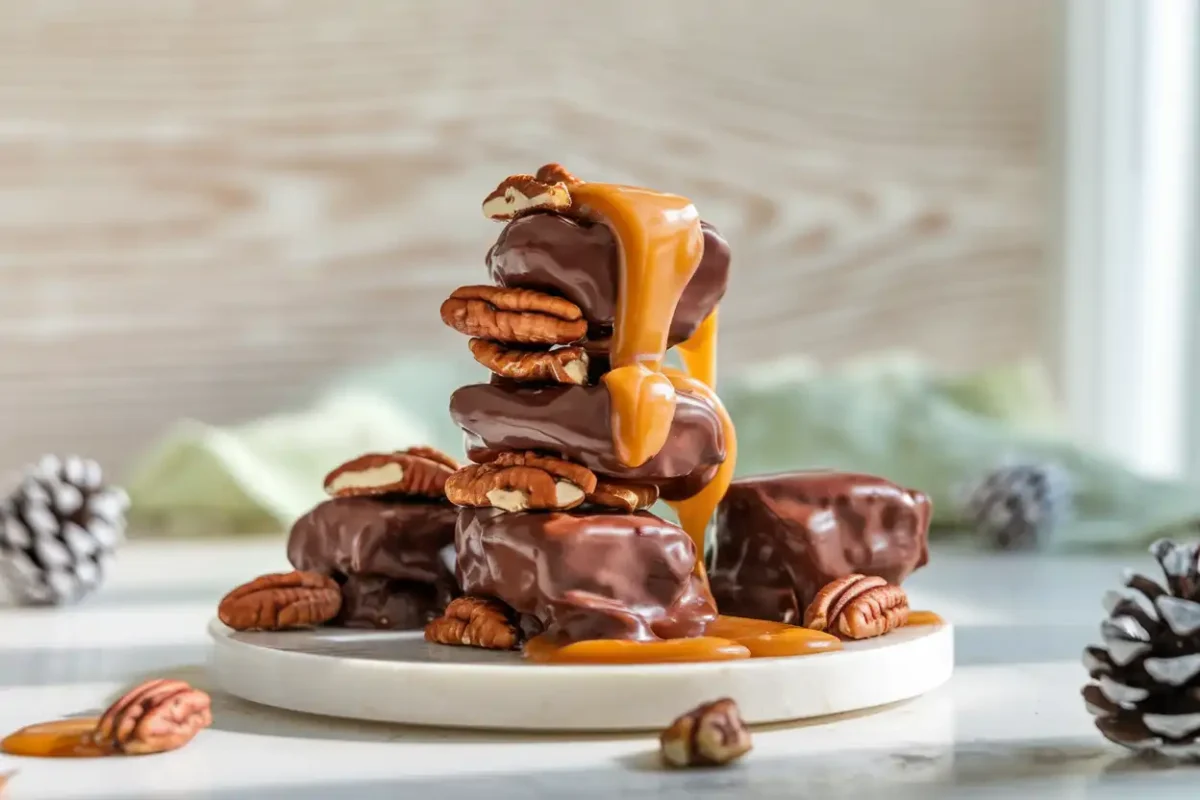 Delicious turtle candy pieces on a plate.