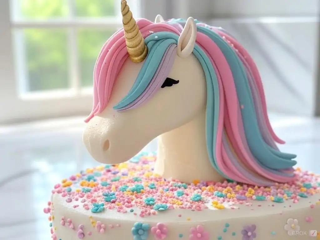 A decorated unicorn cake with a gold horn.