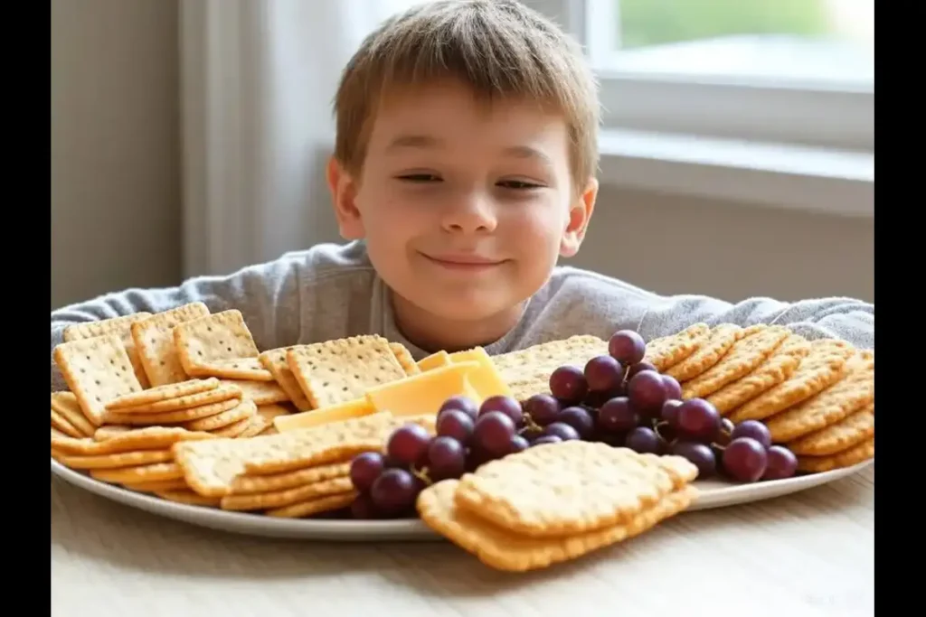 Boy dinner with cheese, crackers, and grapes.