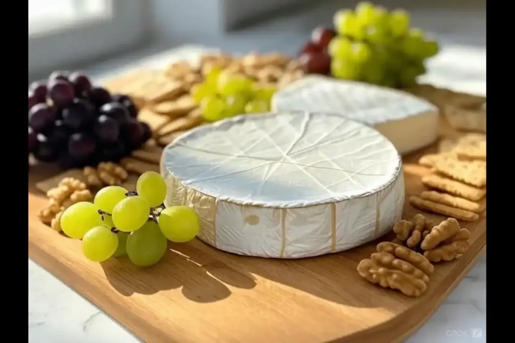 Creamy brie cheese with fruits and nuts.