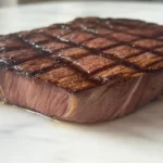 Perfectly cooked porterhouse steak on a plate.