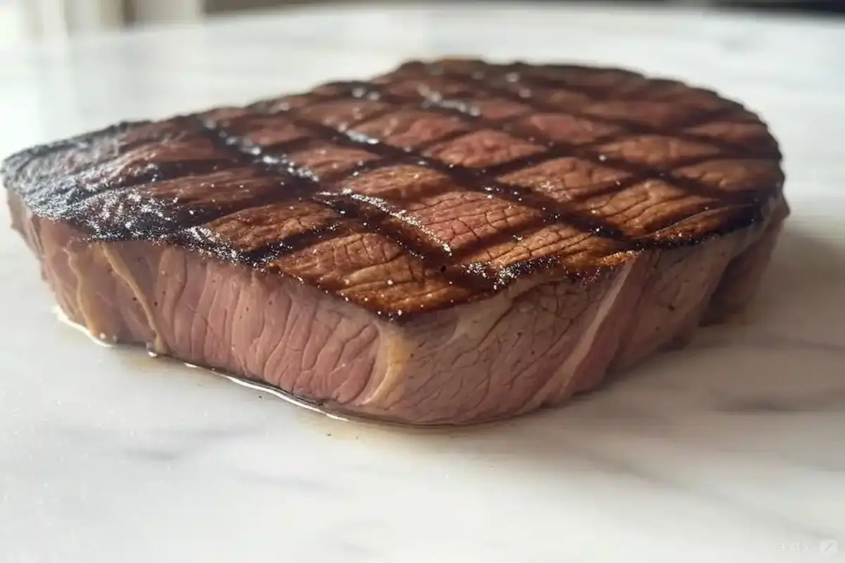 Perfectly cooked porterhouse steak on a plate.